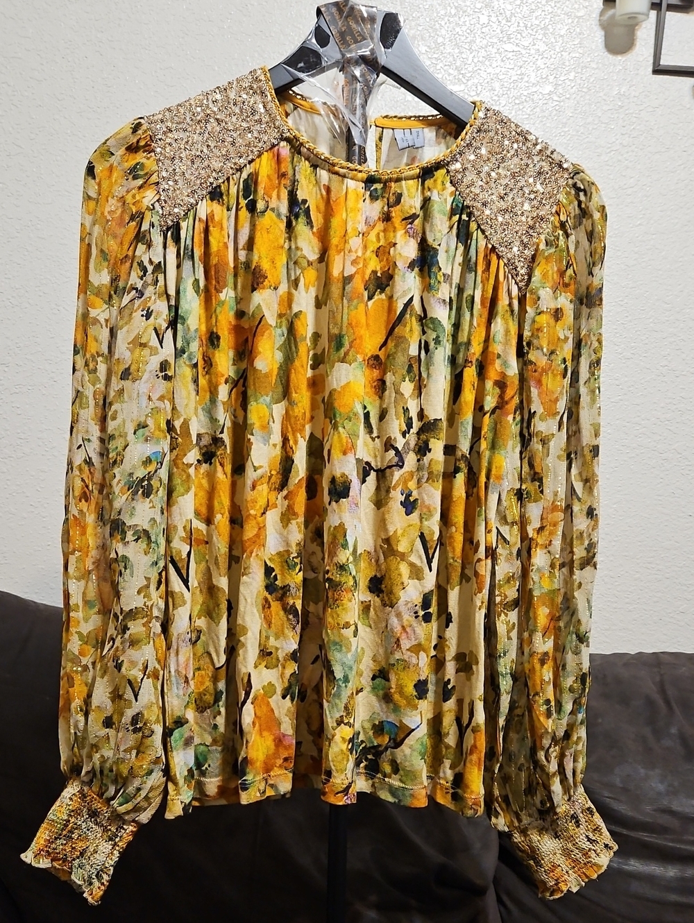 Gold Sequin Shoulder Yellow Floral Blouse